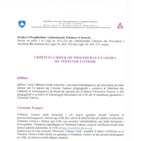 Document preview: Udhëzues lidhur me procedurat e pajisjes me Vertetim Tatimor — Udhezues Manuale Dhe Rregullore, Kosovë