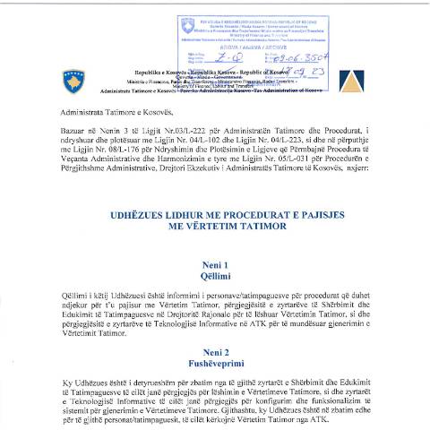 Document preview: Udhëzues lidhur me procedurat e pajisjes me Vërtetim Tatimor — Udhezues Manuale Dhe Rregullore, Kosovë