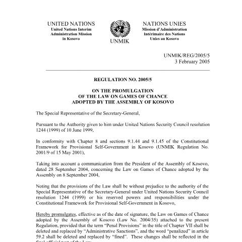 Document preview: Regulation no. 2005/5 — Regulations, Kosovë