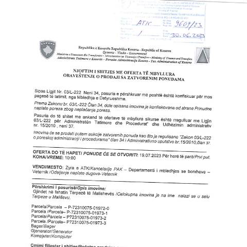 Document preview: NJOFTIM I SHITJES ME OFERTA TË MBYLLURA — Tenderetshpallje Publike, Kosovë