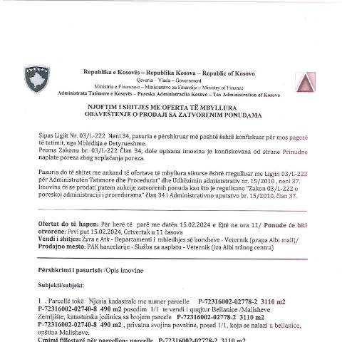 Document preview: NJOFTIM I SHITJES ME OFERTA TË MBYLLURA — Tenderetshpallje Publike, Kosovë