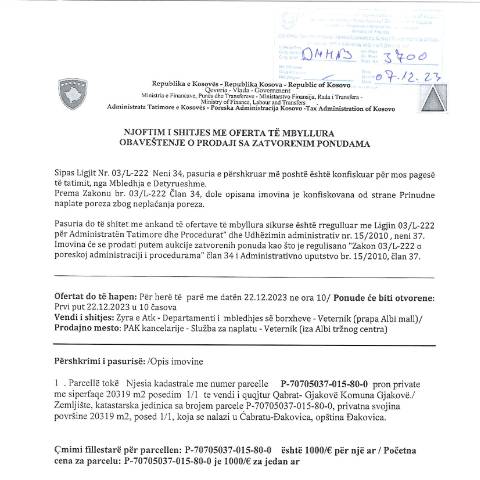 Document preview: NJOFTIM I SHITJES ME OFERTA TË MBYLLURA — Tenderetshpallje Publike, Kosovë