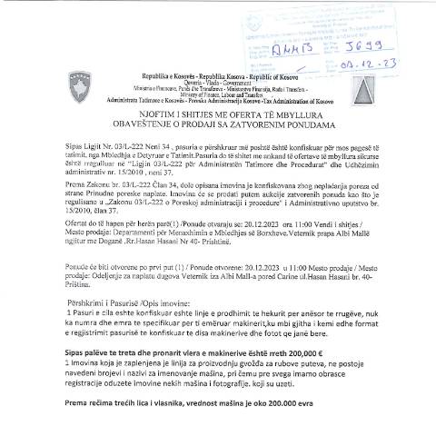 Document preview: NJOFTIM I SHITJES ME OFERTA TË MBYLLURA — Tenderetshpallje Publike, Kosovë