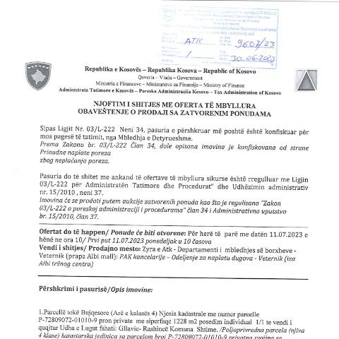 Document preview: NJOFTIM I SHITJES ME OFERTA TË MBYLLURA — Tenderetshpallje Publike, Kosovë