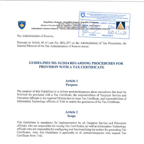 Document preview: GUIDELINES NO. 01/2024 REGARDING PROCEDURES FOR PROVISION WITH A TAX CERTIFICATE — Udhezues Manuale Dhe Rregullore, Kosovë