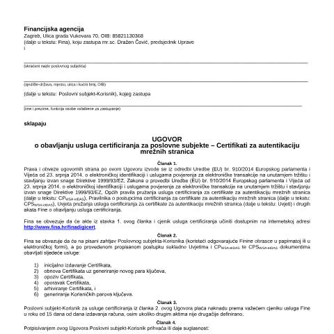 Document preview: UgovorWSAeIDAS — FINA, Hrvatska (CERFA n°UgovorWSAeIDAS)