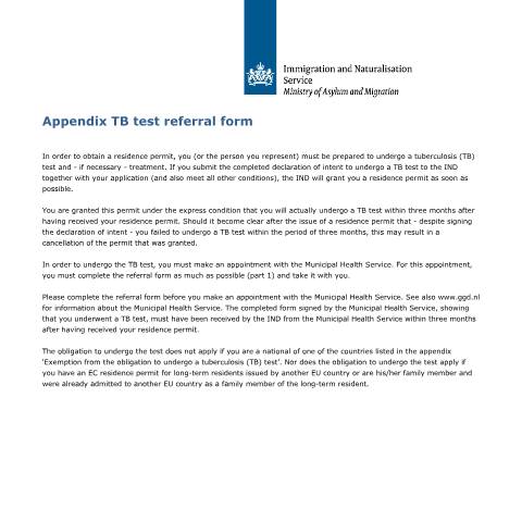 Documentvoorvertoning: Appendix TB test referral form — IND — immigratie, Nederland (CERFA n°7604)