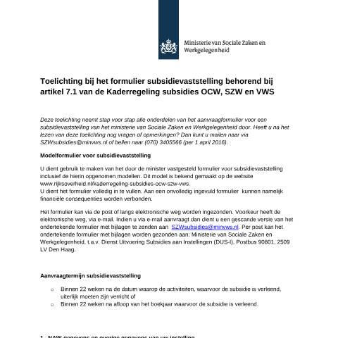Documentvoorvertoning: Toelichting op het formulier vaststelling SZW-subsidie - kaderregeling OCW, SZW en VWS — Overig, Nederland
