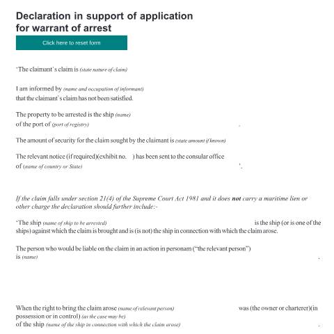 Document preview: Form ADM5: Declaration in support of application for warrant of arrest — HM Courts & Tribunals Service, United Kingdom