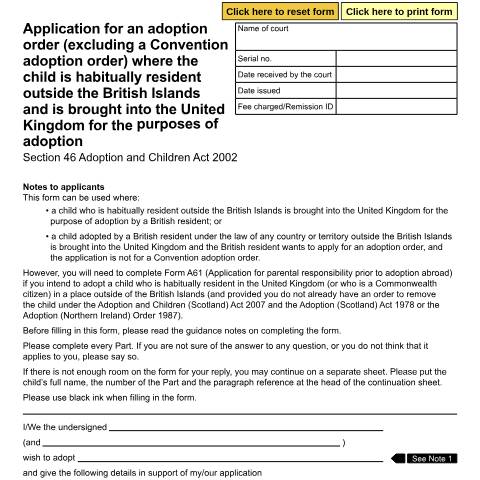 Document preview: Application for an Adoption Order (excluding a Convention adoption order) where the child is habitually resident outside the British islands and is brought into the UK for the purposes of adoption: Form A60 — HM Courts & Tribunals Service, United Kingdom