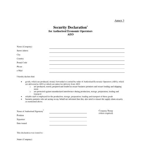 Document preview: Authorised Economic Operator security declaration — HM Revenue & Customs, United Kingdom