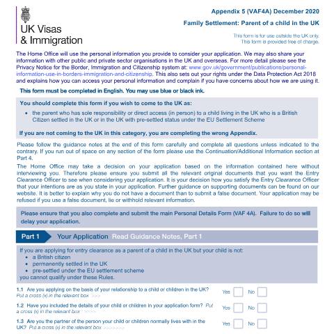 Document preview: Appendix 5 for form VAF4A: family settlement as a parent of a child in the UK — UK Visas and Immigration, United Kingdom