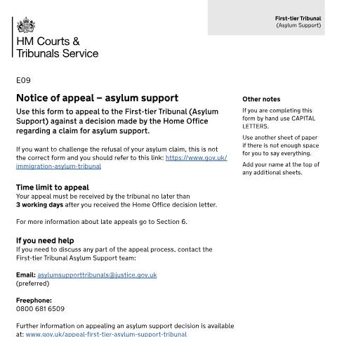 Document preview: Notice of appeal – asylum support: Form E09 — HM Courts & Tribunals Service, United Kingdom