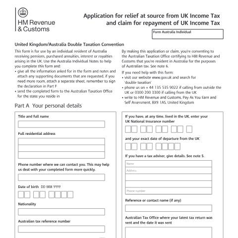 Document preview: Double Taxation: UK-Australia (SI 2003 Number 3199) (Form Australia-Individual 2003) — HM Revenue & Customs, United Kingdom