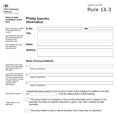 Document preview: Rule 16.2 and 16.3 proxy (specific) (bankruptcy) — The Insolvency Service, United Kingdom