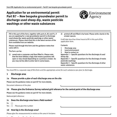 Document preview: Application for an environmental permit: part B7 new bespoke groundwater permit — Environment Agency, United Kingdom