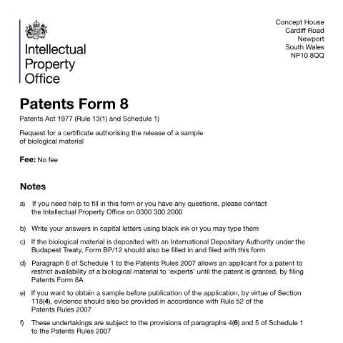 Document preview: Request a certificate authorising the release of a biological material sample — Intellectual Property Office, United Kingdom