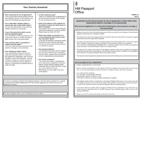 Document preview: Application to re-register a birth following marriage or civil partnership of natural parents — HM Passport Office, United Kingdom