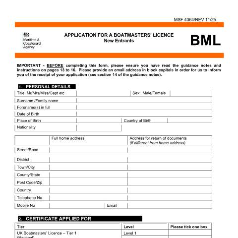 Document preview: How to apply for a boatmasters' licence — Maritime and Coastguard Agency, United Kingdom