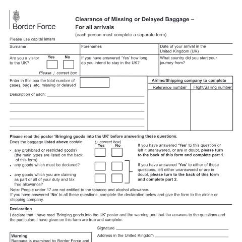 Document preview: Clearance of missing or delayed baggage — Border Force, United Kingdom