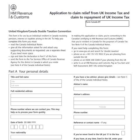 Document preview: Double Taxation: UK/Canada (Form Canada/Individual) — HM Revenue & Customs, United Kingdom