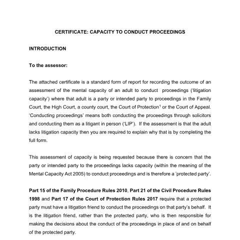 Document preview: Certificate as to capacity to conduct proceedings — Official Solicitor and Public Trustee, United Kingdom