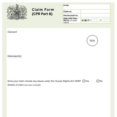 Document preview: Form N208: Claim form (CPR Part 8) — HM Courts & Tribunals Service, United Kingdom