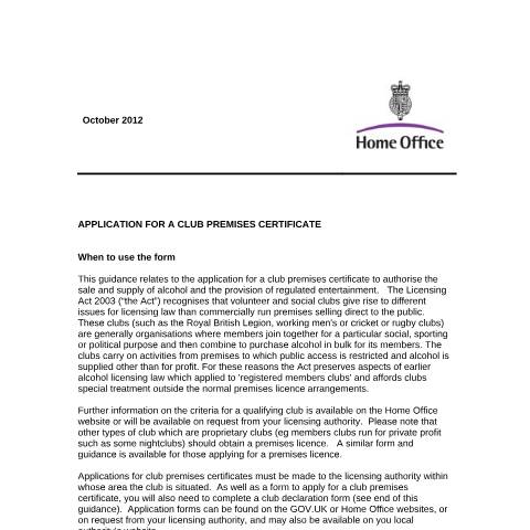 Document preview: Club premises forms — Home Office, United Kingdom