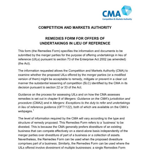 Document preview: Undertakings in lieu of reference form — Competition and Markets Authority, United Kingdom