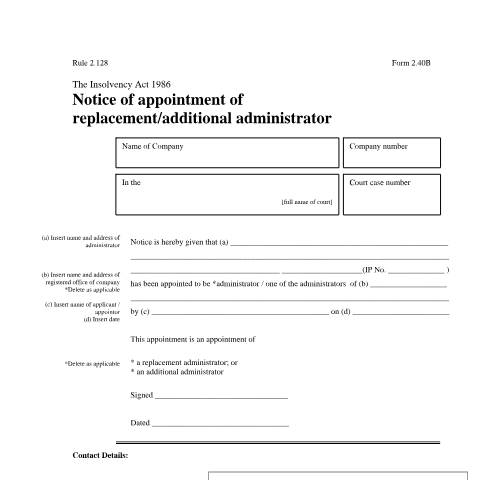 Document preview: Appoint replacement or additional administrator (2.40B) — Companies House, United Kingdom