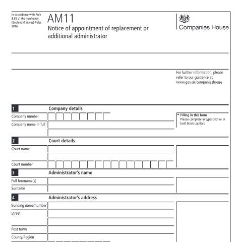 Document preview: Give notice of appointment of replacement or additional administrator (AM11) — Companies House, United Kingdom