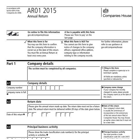 Document preview: File an annual return (AR01) for your company — Companies House, United Kingdom