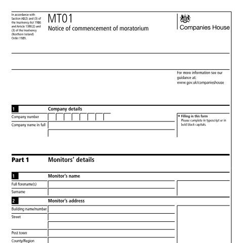 Document preview: Commencement of a moratorium (MT01) — Companies House, United Kingdom
