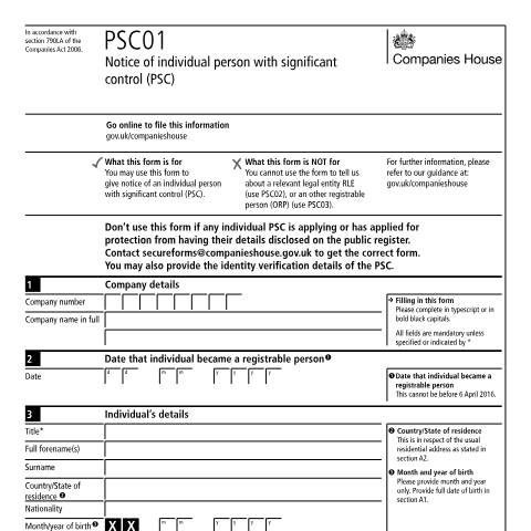 Document preview: Give notice of individual person with significant control (PSC01) — Companies House, United Kingdom