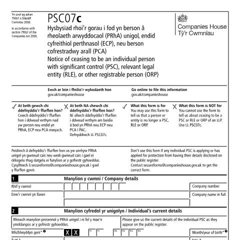 Document preview: Give notice ceasing to be an individual person with significant control (PSC07c) — Companies House, United Kingdom