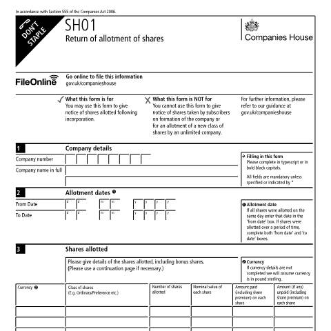 Document preview: Return of allotment of shares (SH01) — Companies House, United Kingdom