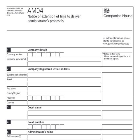 Document preview: Give notice of the extension of time to deliver administrator's proposals (AM04) — Companies House, United Kingdom
