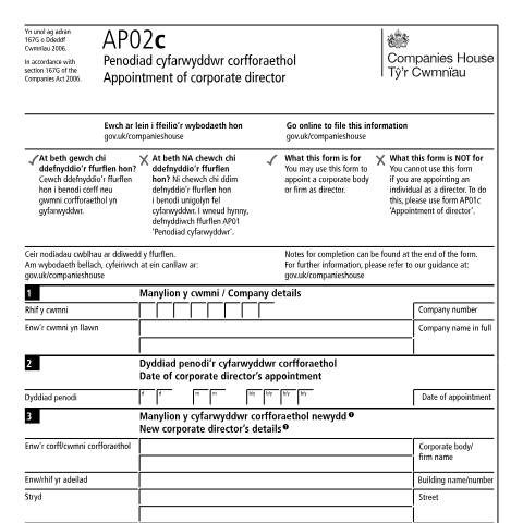 Document preview: Appoint a corporate director (AP02c) — Companies House, United Kingdom