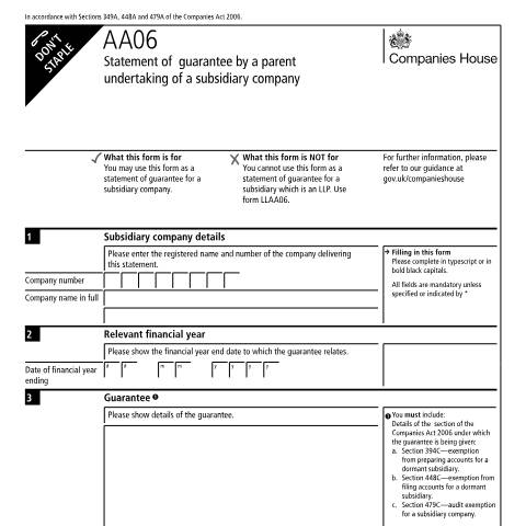 Document preview: Give notice of statement of guarantee by subsidiary company (AA06) — Companies House, United Kingdom