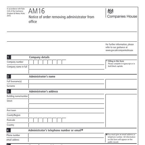 Document preview: Give notice of order removing administrator from office (AM16) — Companies House, United Kingdom