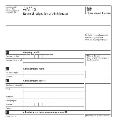 Document preview: Give notice of resignation of administrator (AM15) — Companies House, United Kingdom