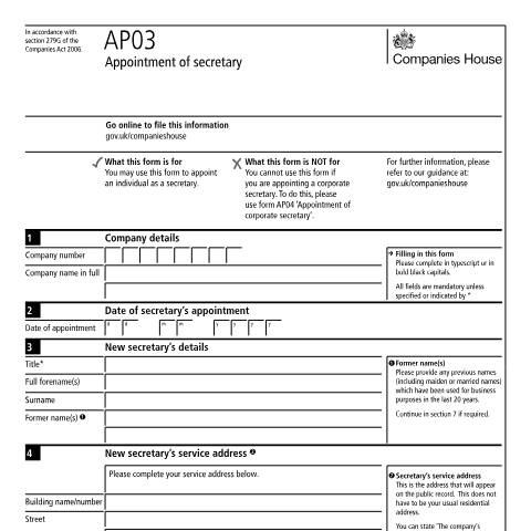 Document preview: Appoint a secretary (AP03) — Companies House, United Kingdom