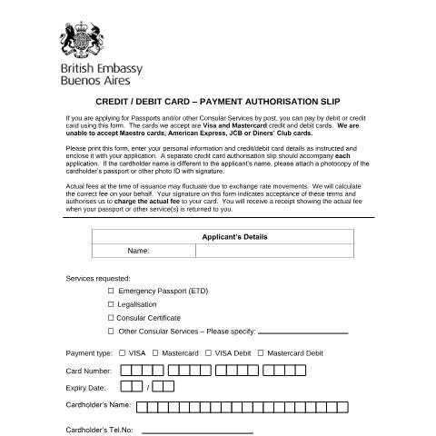 Document preview: Argentina - Credit/debit card authorisation form — Foreign & Commonwealth Office, Foreign, Commonwealth & Development Office, United Kingdom