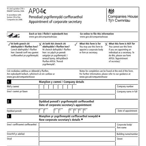 Document preview: Appoint a corporate secretary (AP04c) — Companies House, United Kingdom