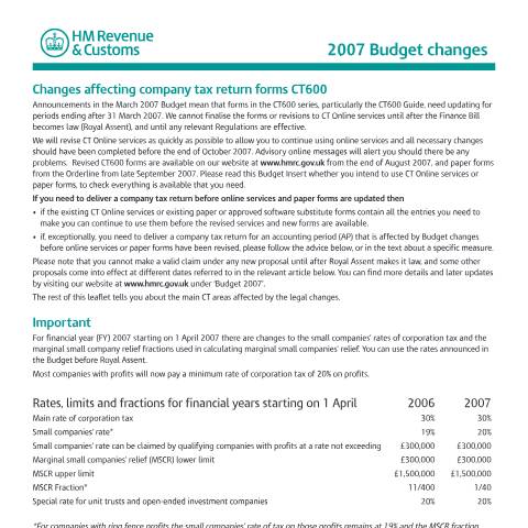 Document preview: Corporation Tax: 2007 Budget changes (CT600 Budget Insert) — HM Revenue & Customs, United Kingdom