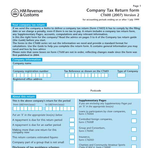 Document preview: Corporation Tax: Company Tax Return (CT600 (2007) Version 2) — HM Revenue & Customs, United Kingdom