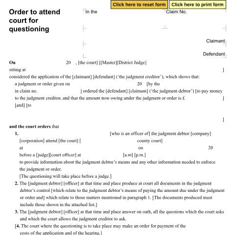 Document preview: Order to attend court for questioning: Form N39 — HM Courts & Tribunals Service, United Kingdom