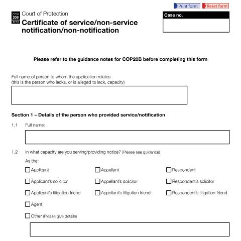 Document preview: Form COP20B: Certificate of Service / Non-Service Notification / Non-Notification — HM Courts & Tribunals Service, United Kingdom