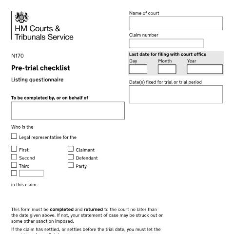 Document preview: Listing questionnaire (pre-trial checklist): Form N170 — HM Courts & Tribunals Service, United Kingdom