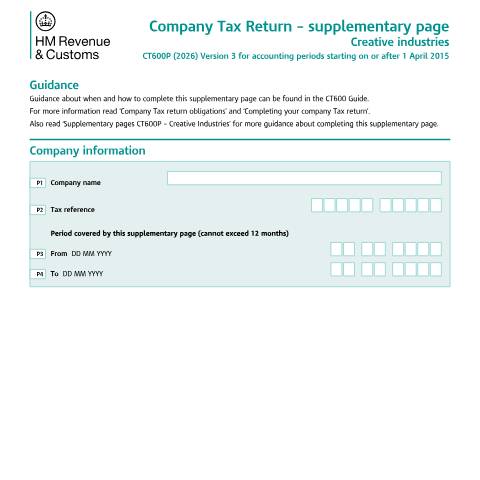 Document preview: Corporation Tax: creative industries (CT600P) — HM Revenue & Customs, United Kingdom